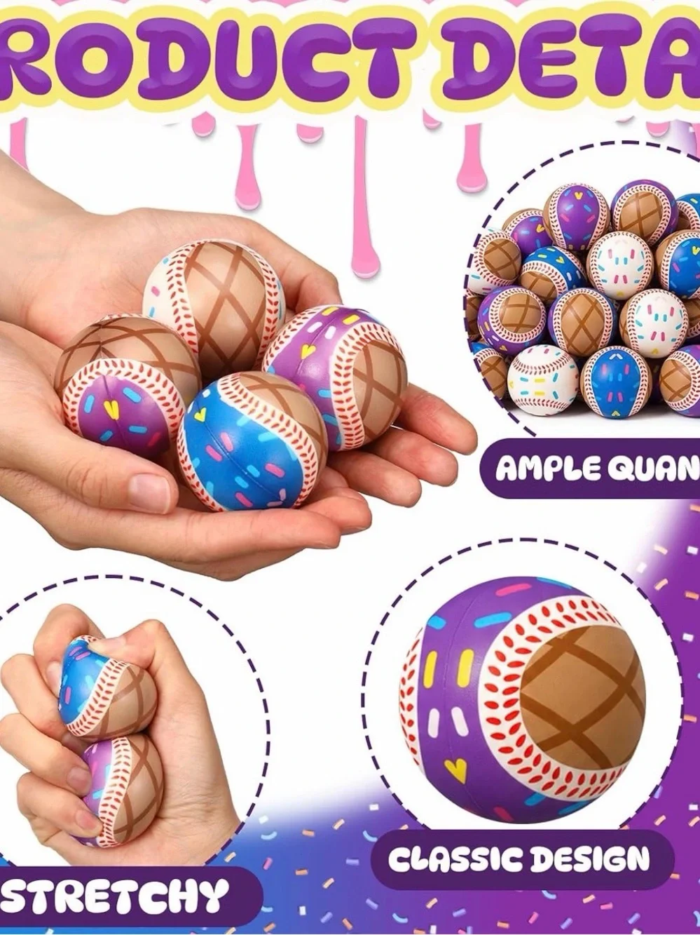 Ice Cream Baseball Squeeze Stress Balls - Blue, Purple, White - 24 Party Favors